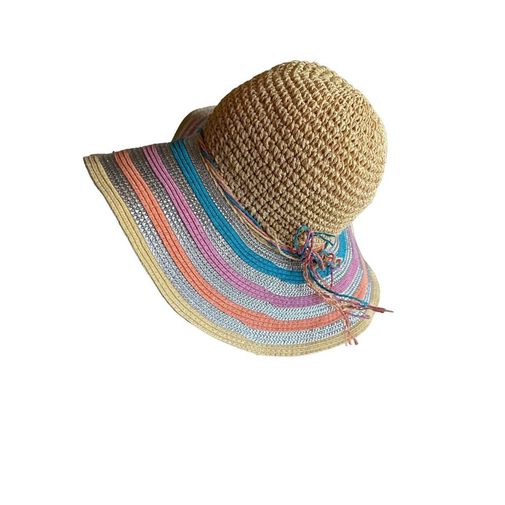 Capelli Kids Straw‎ Sun Hat Tan Multi-Color Striped Floppy Wide Brim Tassel OSFM